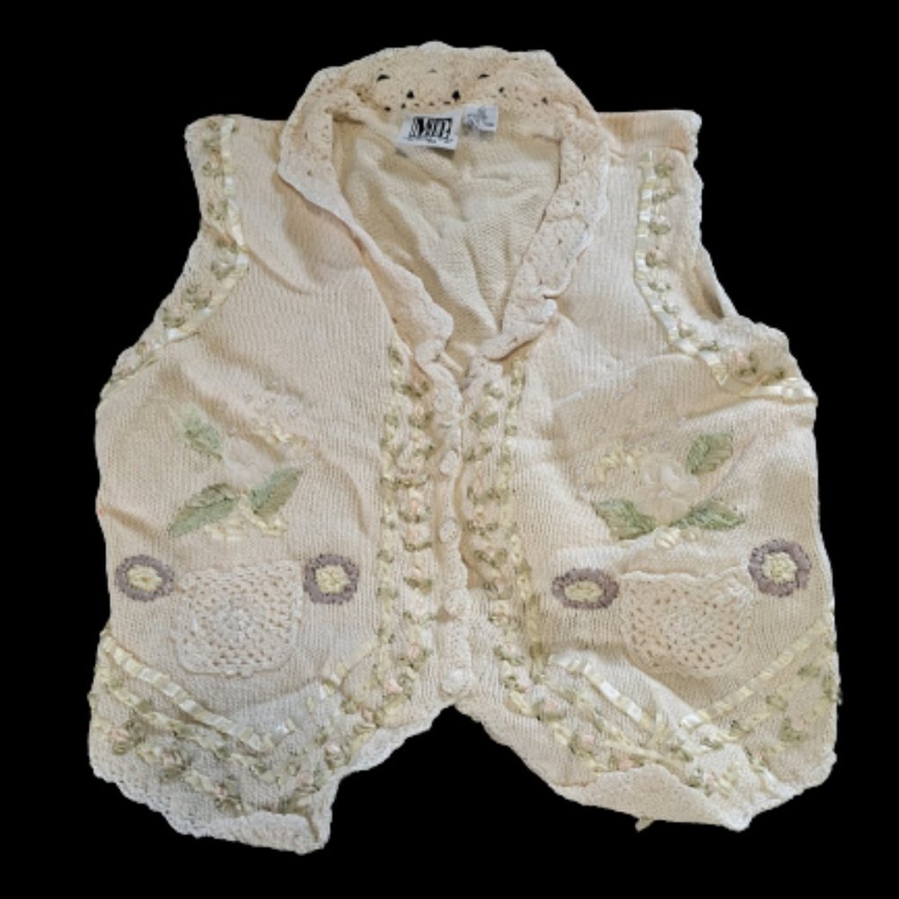 Mixed Blues Crochet Vest Knit sweater Size L Cottagecore Grandamacore Boho